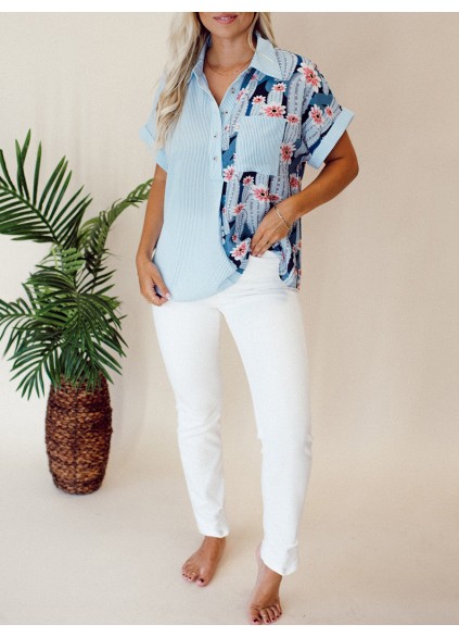Striped patchwork floral pattern pocket shirt