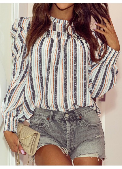 STRIPED SHIRRED ROUND NECK SHEATH CASUAL BOHO BLOUSE