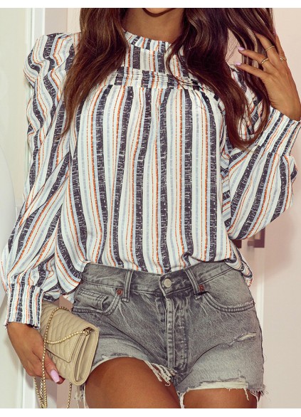 STRIPED SHIRRED ROUND NECK SHEATH CASUAL BOHO BLOUSE