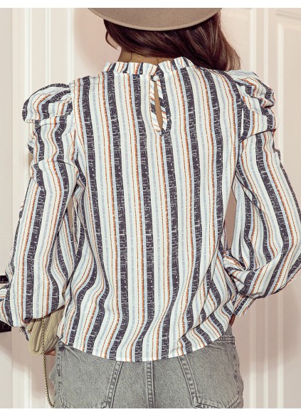 STRIPED SHIRRED ROUND NECK SHEATH CASUAL BOHO BLOUSE