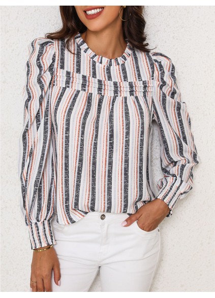 STRIPED SHIRRED ROUND NECK SHEATH CASUAL BOHO BLOUSE
