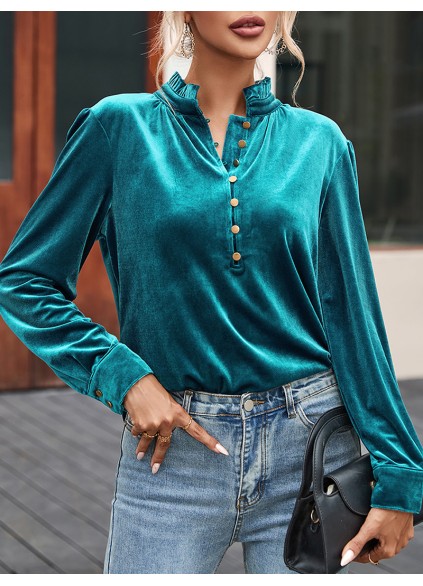 Suede metal button collar casual top