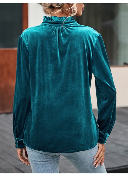 Suede metal button collar casual top