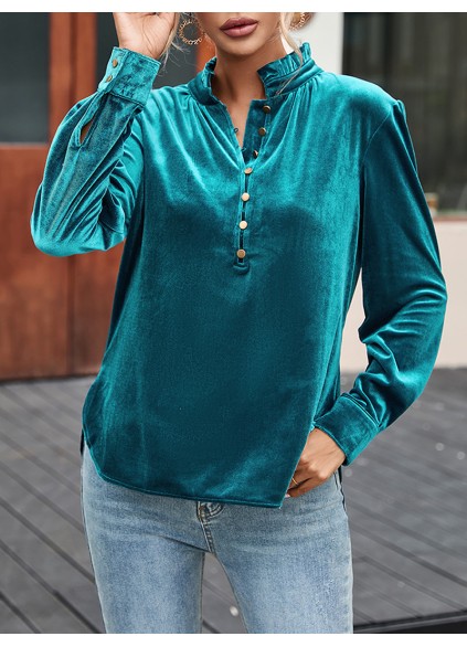 Suede metal button collar casual top