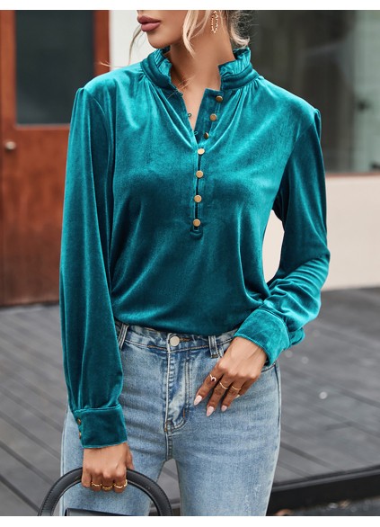 Suede metal button collar casual top