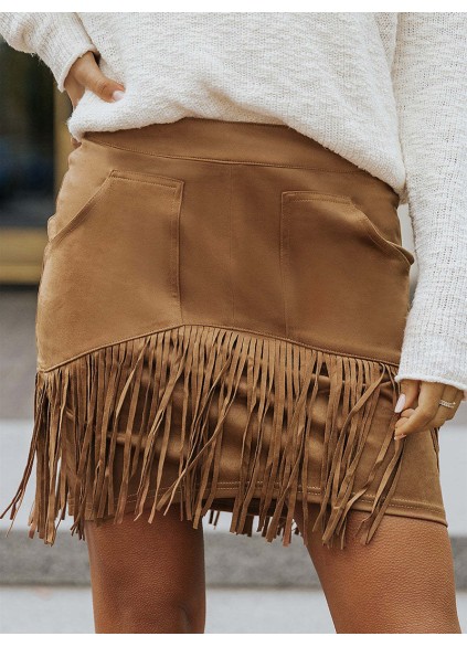 TASSEL ZIPPED POCKETS HIGH WAIST MINI SKIRT