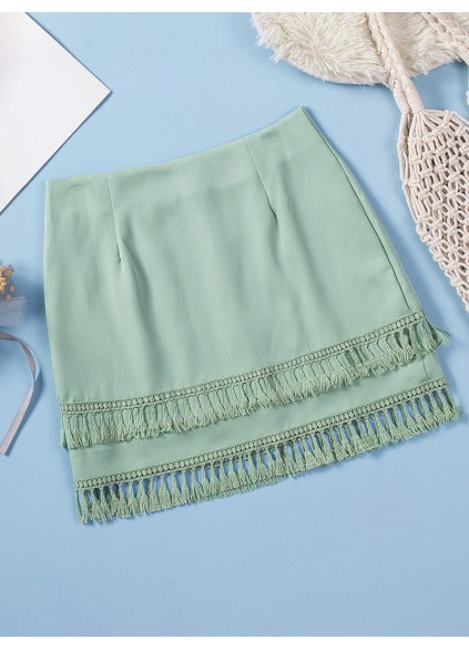 TIERED TASSEL ZIP-UP HIGH WAIST MINI SKIRT
