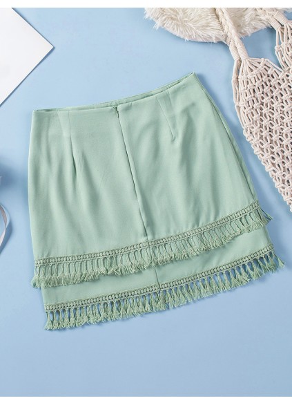 TIERED TASSEL ZIP-UP HIGH WAIST MINI SKIRT