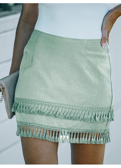 TIERED TASSEL ZIP-UP HIGH WAIST MINI SKIRT