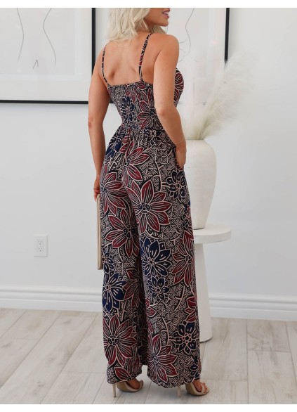 V-neck floral pleated wide leg jumpsuit