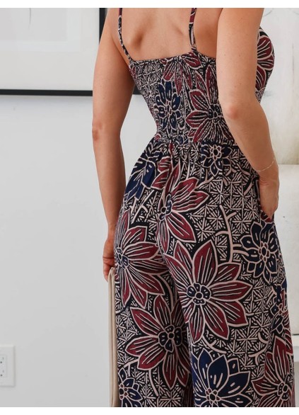 V-neck floral pleated wide leg jumpsuit