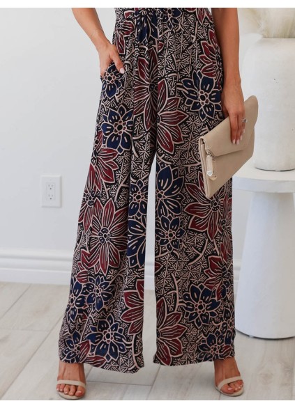 V-neck floral pleated wide leg jumpsuit