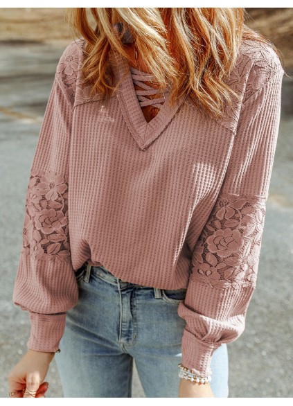 Waffle plaid lace up V-neck long sleeved top