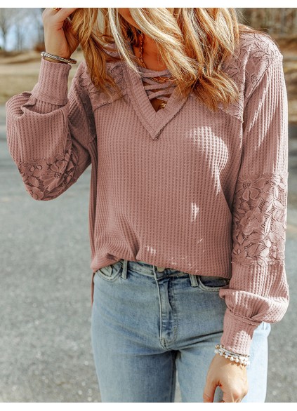 Waffle plaid lace up V-neck long sleeved top