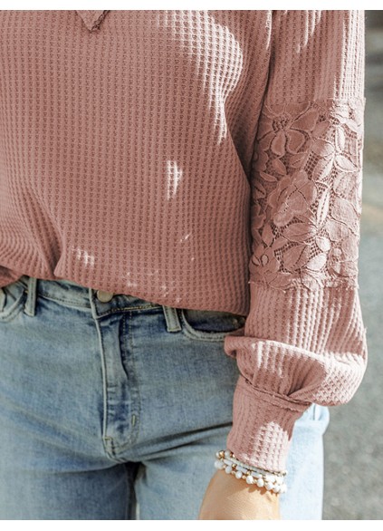 Waffle plaid lace up V-neck long sleeved top