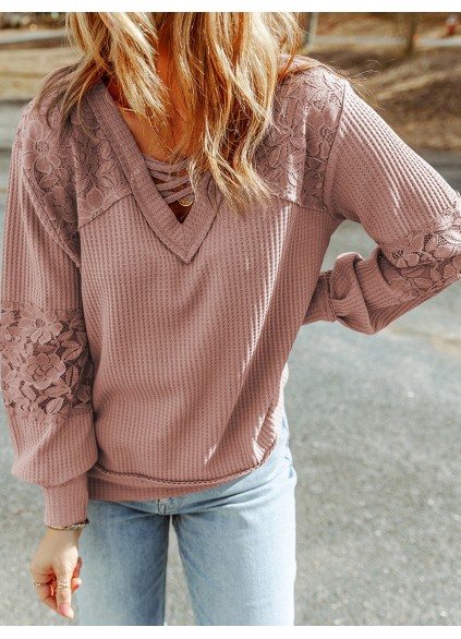 Waffle plaid lace up V-neck long sleeved top