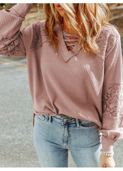 Waffle plaid lace up V-neck long sleeved top