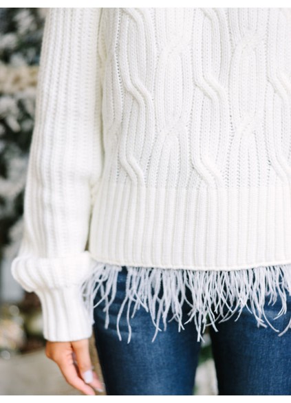 Cream White Feather Trim Sweater