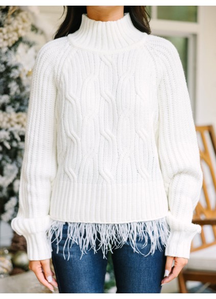 Cream White Feather Trim Sweater