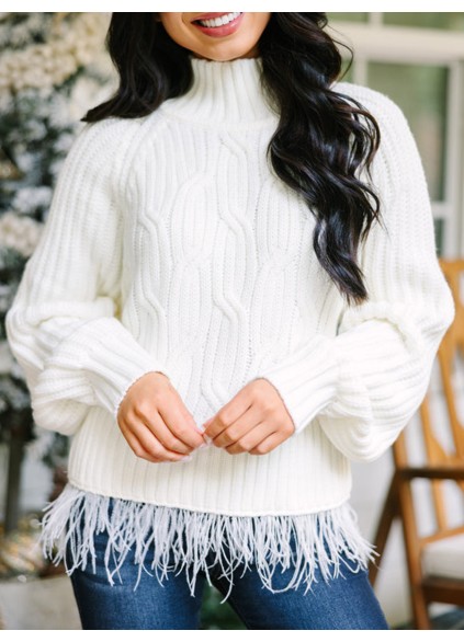Cream White Feather Trim Sweater