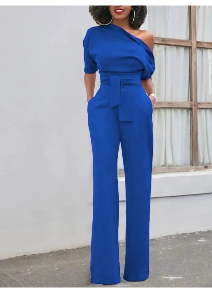 Women's elegant simple oblique shoulder neckline waist slimming romper