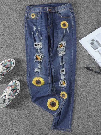 Women's vintage sunflower print patchwork ripped jeans