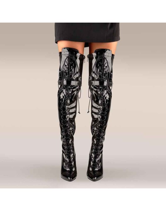 Patent Leather Lace up Over the Knee Motorcycle Boots