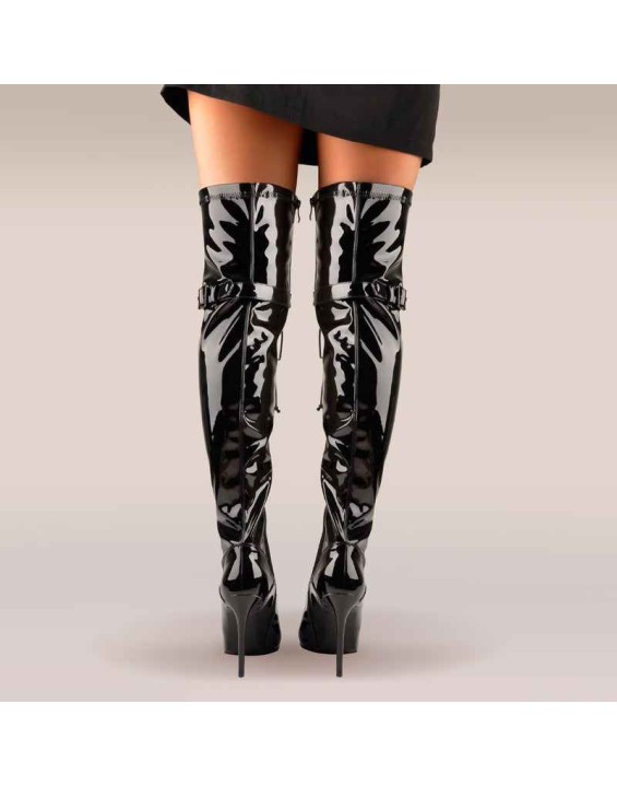 Patent Leather Lace up Over the Knee Motorcycle Boots
