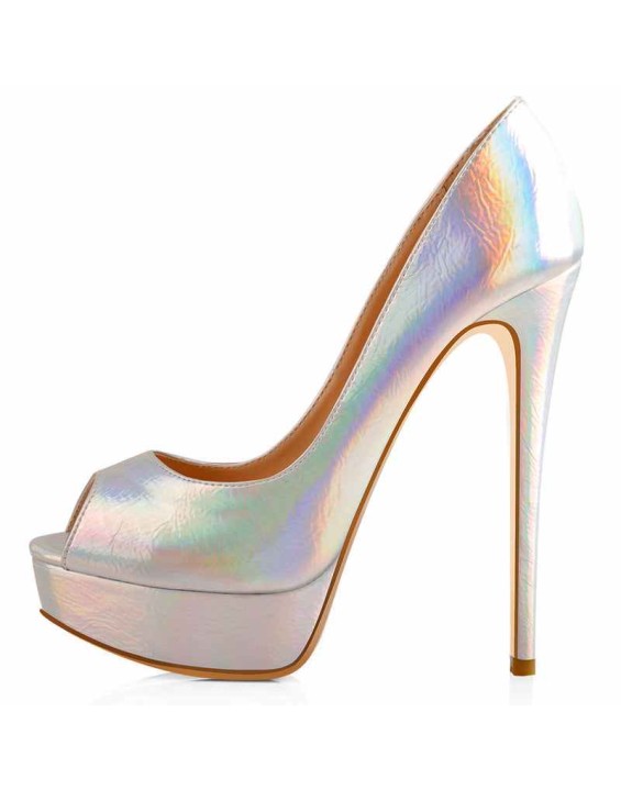 Holographic Peep Toe Stiletto Heel Platform Pumps