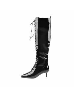 Overall Patent Leather Pointed Toe Knee High Mid Heel Boots