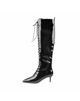 Overall Patent Leather Pointed Toe Knee High Mid Heel Boots