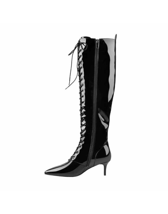 Overall Patent Leather Pointed Toe Knee High Mid Heel Boots