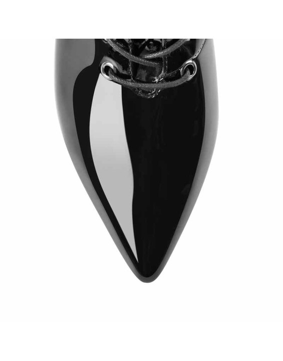 Overall Patent Leather Pointed Toe Knee High Mid Heel Boots