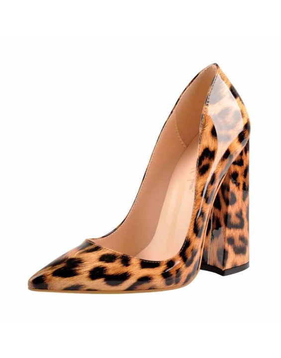 Leopard Pointed Toe Chunky Block Heel Pumps