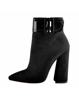 Pointed Toe Chunky Heels Ankle Patent Leather Buckle Suede Boots