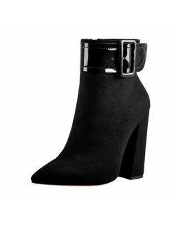 Pointed Toe Chunky Heels Ankle Patent Leather Buckle Suede Boots