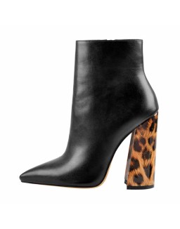 Matte Leather Pointed Toe Leopard Chunky Block Heels Ankle Booties
