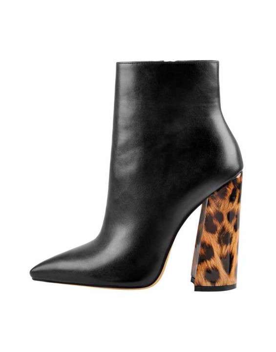 Matte Leather Pointed Toe Leopard Chunky Block Heels Ankle Booties