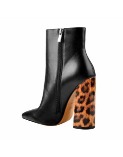 Matte Leather Pointed Toe Leopard Chunky Block Heels Ankle Booties