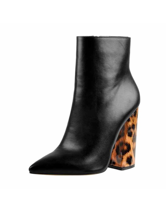 Matte Leather Pointed Toe Leopard Chunky Block Heels Ankle Booties