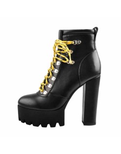 Lace Up Yellow Strappy Round Toe Platform Chunky Heels Ankle Boots
