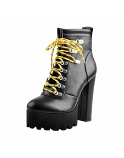 Lace Up Yellow Strappy Round Toe Platform Chunky Heels Ankle Boots