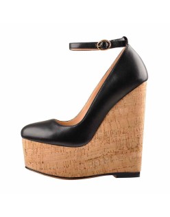 Wood Grain Platform Wedges Round Toe Buckle Strap Pumps