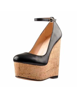 Wood Grain Platform Wedges Round Toe Buckle Strap Pumps