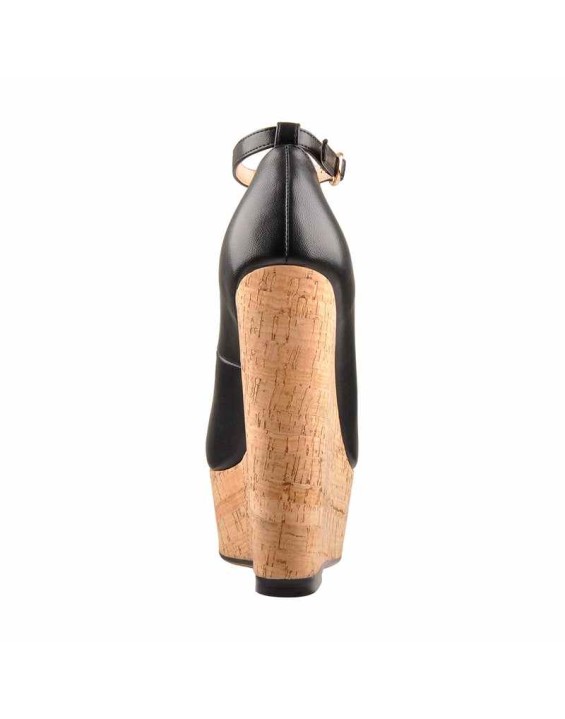 Wood Grain Platform Wedges Round Toe Buckle Strap Pumps