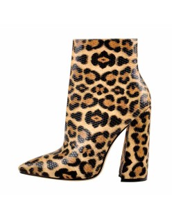 Leopard Pointed Toe High Heels Chunky Block Ankle Booties