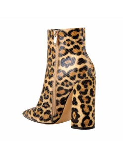 Leopard Pointed Toe High Heels Chunky Block Ankle Booties
