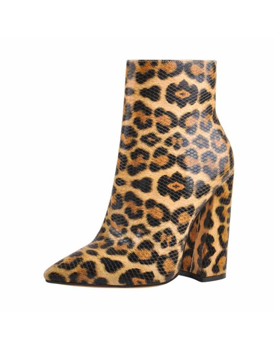 Leopard Pointed Toe High Heels Chunky Block Ankle Booties