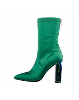 Breathable Pointed Toe Chunky Heels Green Ankle Boots
