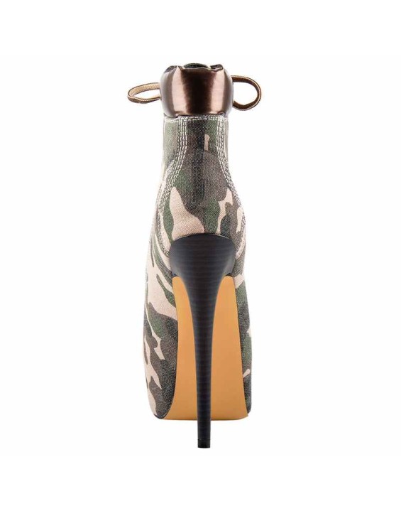 Dark Green Camouflage Canvas Round Toe Lace-up Ankle Boots